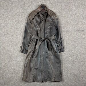 VTG J Walden Brown Long Genuine Leather Belted Trench Coat Men’s L Retro Jacket